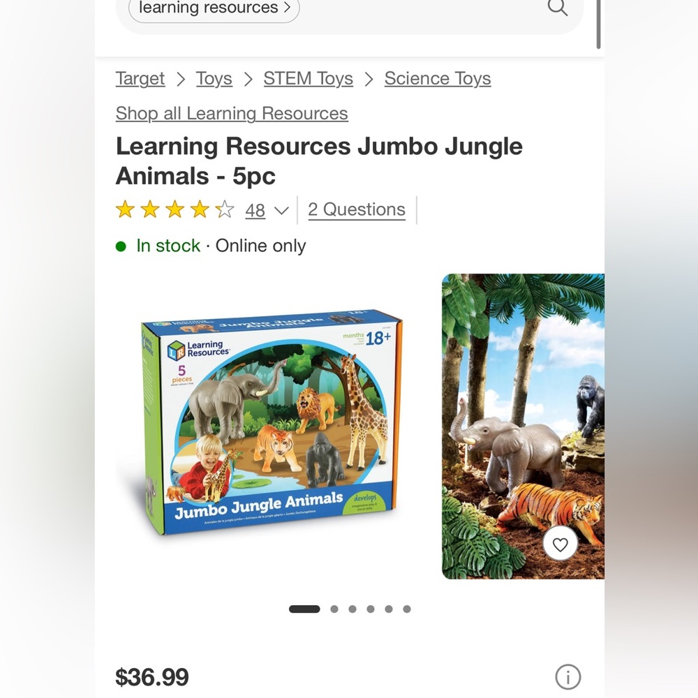 Learning Resources Jumbo Jungle Animal Set Preschool Toddler Realistic Toy